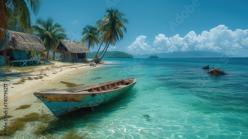 Beautiful lonely beach in Caribbean San Blas island at politically autonomous Guna territory in Panama. photo
