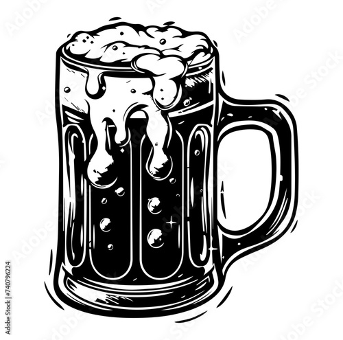 Beer in glass mug with foam. Hand drawn illustration