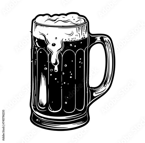 Beer in glass mug with foam. Hand drawn illustration