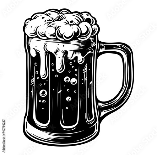 Beer in glass mug with foam. Hand drawn illustration