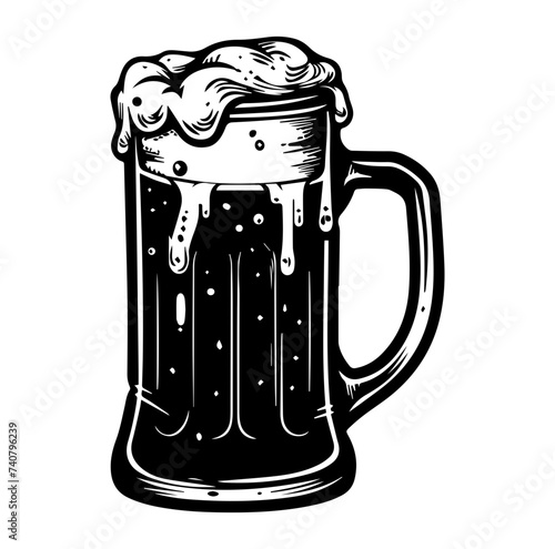 Beer in glass mug with foam. Hand drawn illustration
