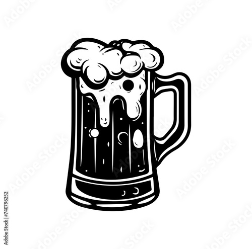 Beer in glass mug with foam. Hand drawn illustration