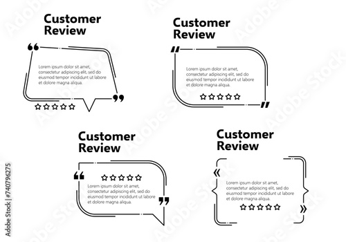 Testimony review templates, speech box layout of customer feedback, vector quote frames, Client testimony message templates, social media speech box with citation in quotation signs and rating stars