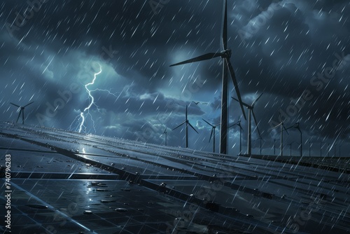 Renewable energy farm with wind turbines and solar panels in a storm.