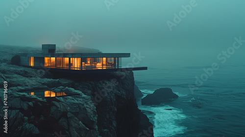 A house perched on the edge of a cliff, overlooking the ocean. Its sleek, modern design and large windows provide uninterrupted views of the seascape, blurring the line between indoors and outdoors. C