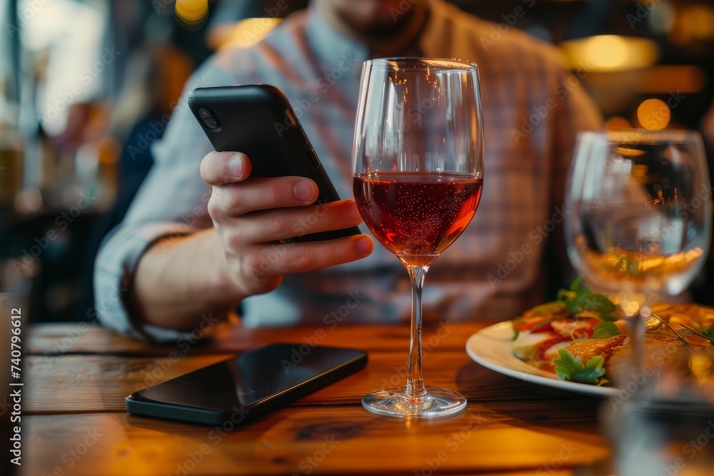 A man holding a phone with a glass of red wine on a table in a cozy restaurant.