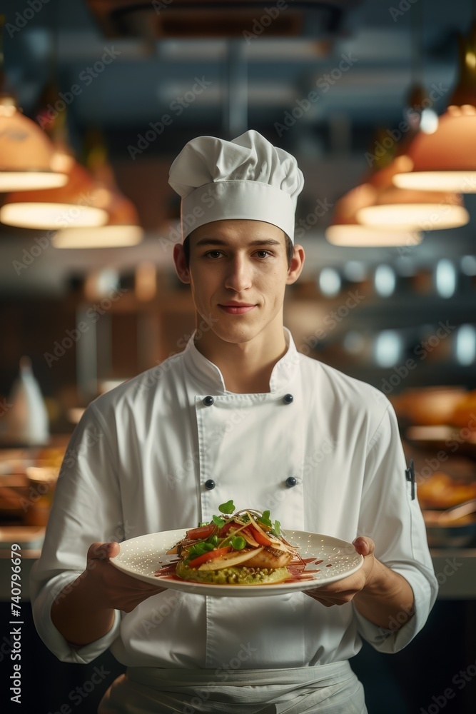 Confident young chef presenting a gourmet dish in a professional kitchen. Confident young chef presenting a gourmet dish in a professional kitchen.