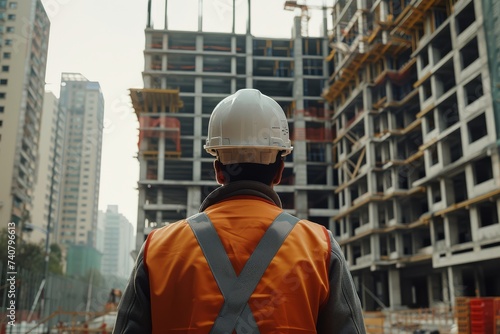 A construction worker in reflective gear observing a construction site in an urban setting.