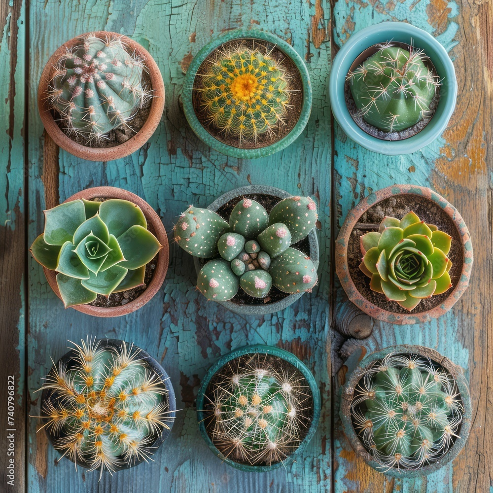 Desert plants in small plants. Succulents and cactus in different concrete pots. Home decoration.