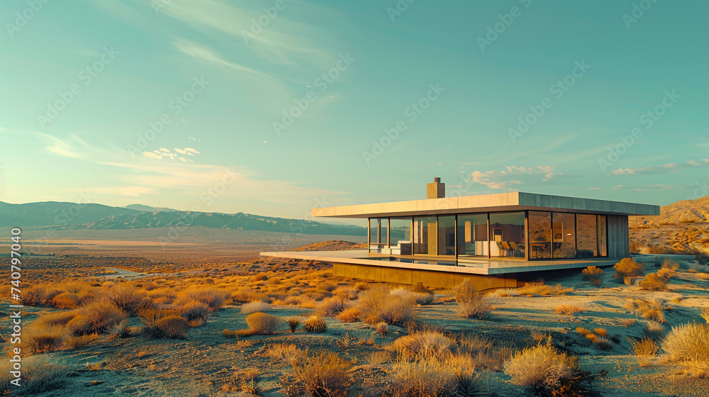 A house with a flat roof and expansive windows, overlooking a vast desert landscape. The use of neutral colors and clean lines enhances the stark beauty of the minimalist architecture. 
