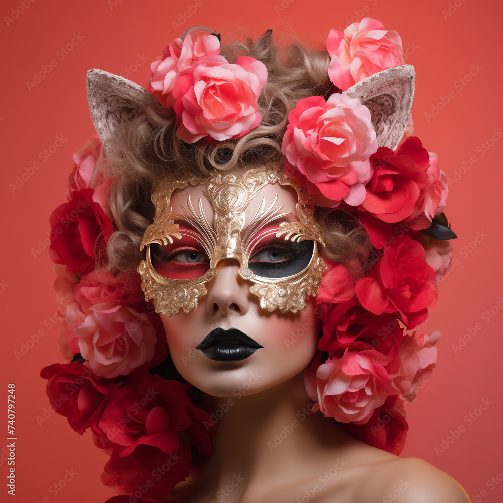 Glam woman in carnival mask with flowers, red background and bold colors Glam woman in carnival mask with flowers, red background and bold colors