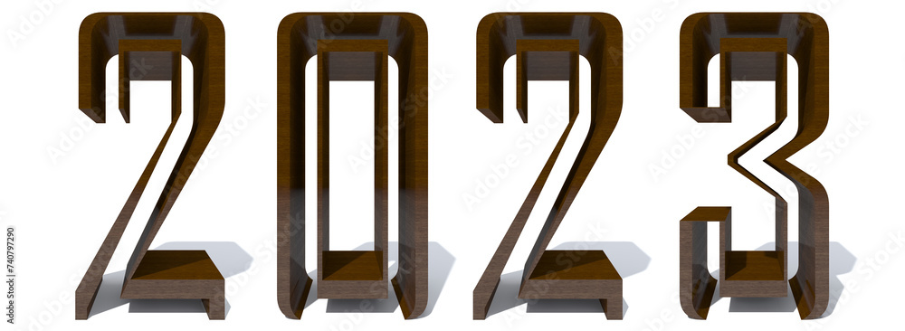 Concept or conceptual 2023 year made of  wood or wooden  font isolated on white background. An abstract 3D illustration as a  metaphor for future, vision, real estate, prosperity or business growth
