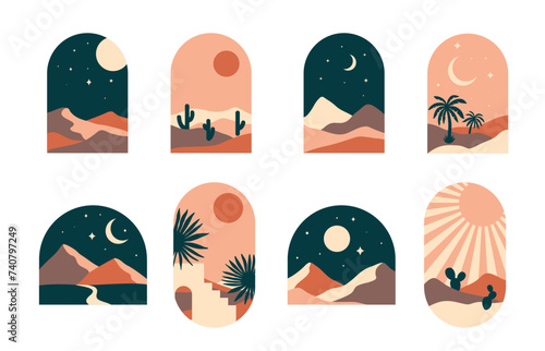 Boho arch with sand desert and oasis, cactus and sun, moon and palm, vector abstract shapes. Boho graphic design of arches with summer night in desert sand hills, palm tree leaves with landscape frame