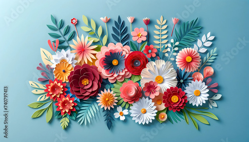 background with flowers, flowers in paper cut style on blue background, card for International Mother's Day, International Day March 8