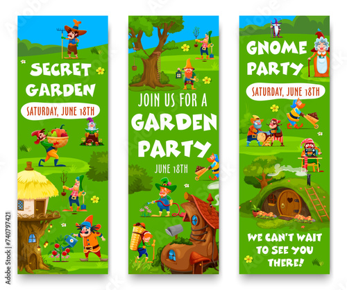 Cartoon garden gnome and dwarf characters, fairytale house buildings village, vector banners. Kid party banners with gnome farmers in garden, burrow homes of funny dwarf woodworker and tailor