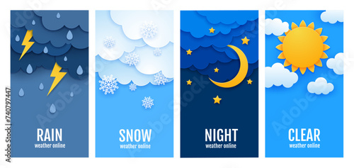 Weather paper cut banners with rain and sun, snow and clouds, vector background. Weather forecast with night and day sky for winter and summer for web widget or weather application in flat papercut