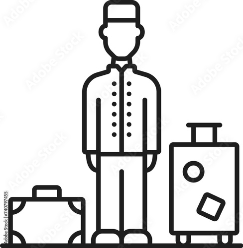 Porter with luggage, hotel staff service doorkeeper thin line icon. Vector bellboy in uniform, hospitality concept. Bellboy and suitcases