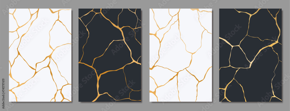 Kintsugi golden cracks, black and white marble texture pattern. Vector ...