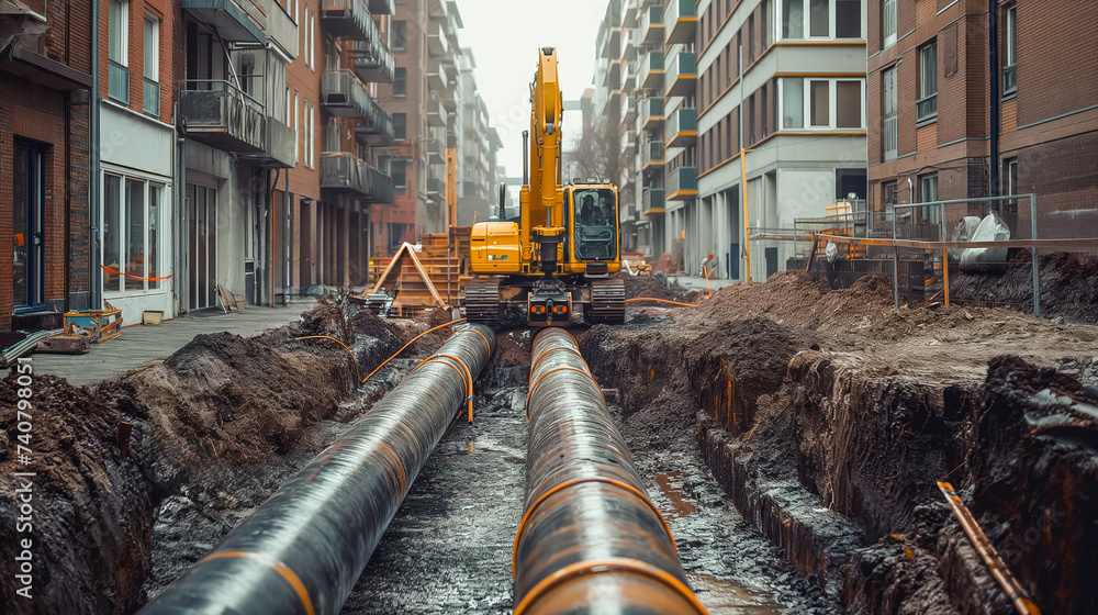Urban Pipeline Installation with Excavator on Construction Site
 - obrazy, fototapety, plakaty 