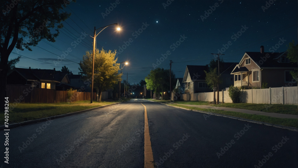Quiet suburban street with empty asphalt ground under the enchanting night sky. 