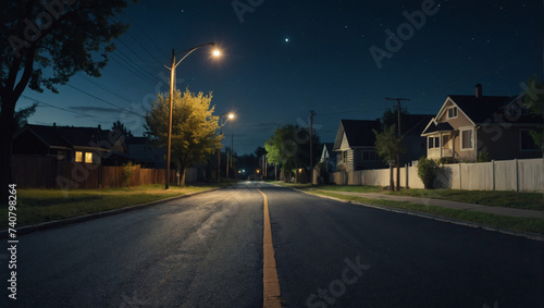 Quiet suburban street with empty asphalt ground under the enchanting night sky. 