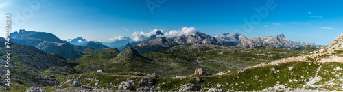 Viiew from Ofenscharte mountain pass above Seekofelhutte hut in the Dolomites photo