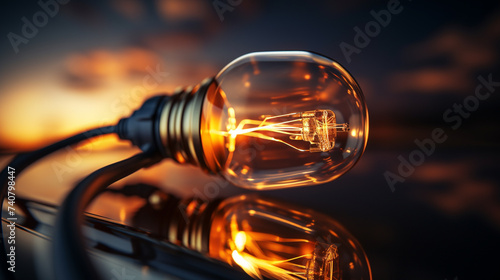 A light bulb on a wooden table