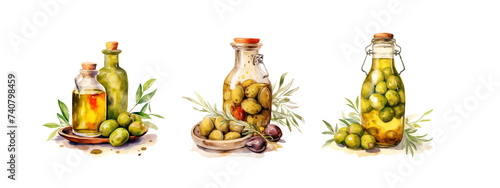 Watercolor set oil of olives in glass vintage jar with plate of olives and leaves - isolated clipart on white background illustration photo