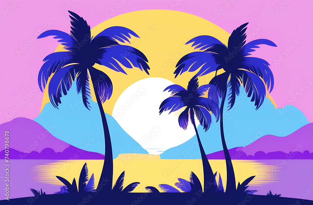 Illustration of a black silhouette of palm trees on a multi-colored background. Postcard, poster