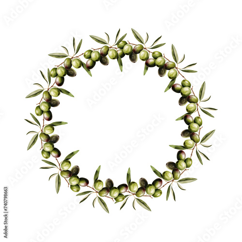 Watercolor wreath of olives branches - isolated illustration on white background. Template for invitaions and postcards photo