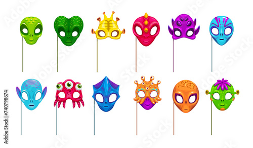 Alien masks with props for kids party, avatar or photo booth, vector cartoon faces. Extraterrestrial creatures, monsters and humanoid mutants or galaxy slugs with horns and reptiles for photo booth