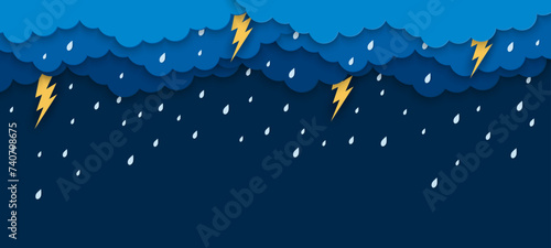 Paper cut rain clouds with lightnings and rain drops. Vector 3d papercut thunderstorm or storm weather background with water droplets falling from the dark cloudy sky and bright flash bolts sparkling photo