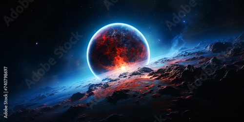 Cosmic scene with planets, stars and galaxies in space. Red space landscape of Mars with a large planet.