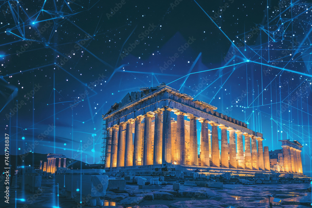 Ancient Greece revived with blockchain transparent governance from Athens to the digital age - obrazy, fototapety, plakaty 