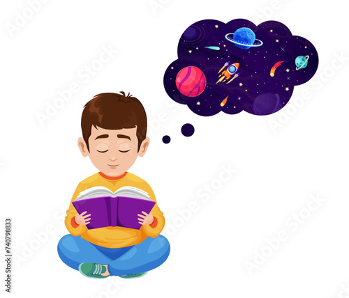 Boy reading book and dreaming about galaxy space rockets and planets, cartoon vector. Kid boy with dream cloud of galaxy spaceflight on rocket spaceship to space planets in starry sky with asteroids