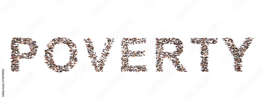 Concept or conceptual large community of people forming the word POVERTY. 3d illustration metaphor for subsistence, homelessness, unemployment, malnutrition, despair, lack of security and stability Concept or conceptual large community of people forming the word POVERTY. 3d illustration metaphor for subsistence, homelessness, unemployment, malnutrition, despair, lack of security and stability