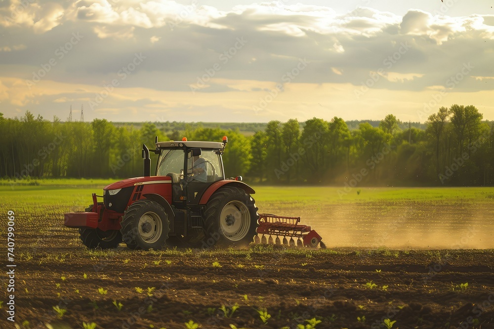 Fototapeta premium A farmer is driving a red tractor across a vast field, plowing the soil in preparation for planting crops.