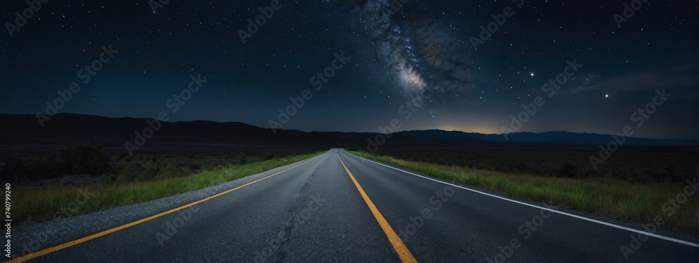 Secluded highway with a deserted asphalt road, embraced by the vast night sky. - obrazy, fototapety, plakaty 