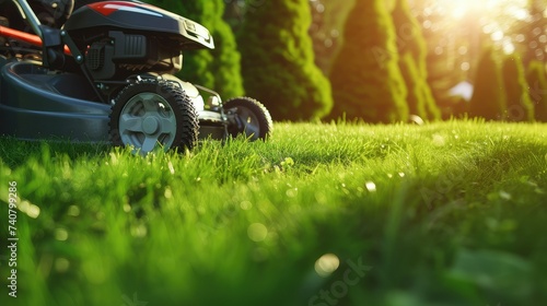 A lawn mower driving along the lawn with a grass.