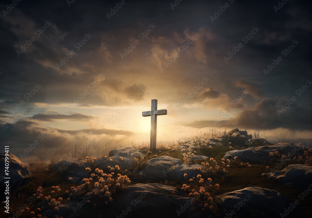 Silhouette of a cross on a hill at sunset surrounded by flowers Silhouette of a cross on a hill at sunset surrounded by flowers