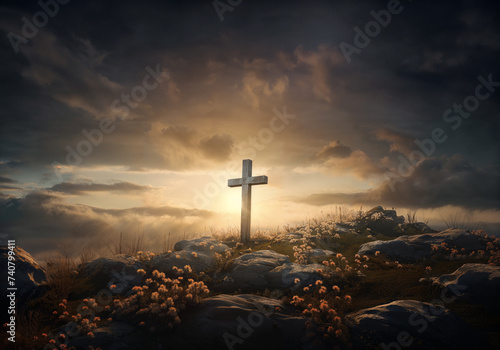 Silhouette of a cross on a hill at sunset surrounded by flowers