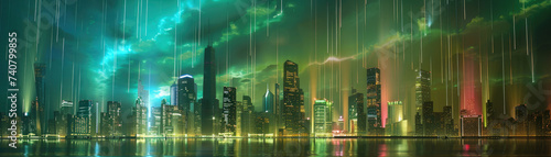 5G speed of light data flow as aurora over smart city skyline