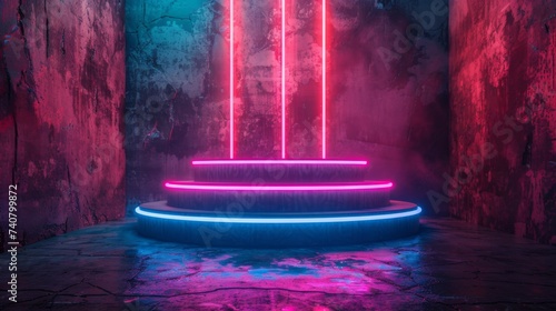 Futuristic circular stage with vibrant neon lights and digital rain, perfect for high-tech product launches and events.