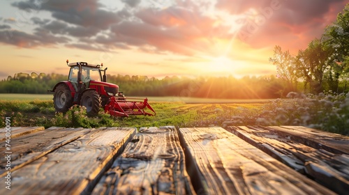 Empty wooden table top with farm landscape whit tractor during the spring, sunset light background. agriculture concept. for display or montage your products.  photo