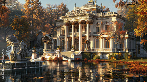 A hyperrealistic image of a marble house with a columned porch and a fountain. The house is luxurious and classical, and has a statue and a staircase in front of it. The house is located in a park, wi