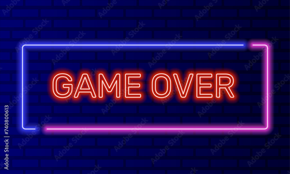 Neon sign game over in speech bubble frame on brick wall background vector. Light banner on the wall background. Game over button finish waste lose, design template, night neon signboard Neon sign game over in speech bubble frame on brick wall background vector. Light banner on the wall background. Game over button finish waste lose, design template, night neon signboard