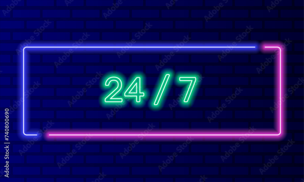 Neon sign 24 hours open in speech bubble frame on brick wall background vector. Light banner on the wall background. Overnight button open all day convenience, design template, night neon signboard