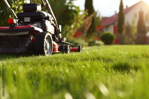 Close-up of red lawn mower mowing green grass.