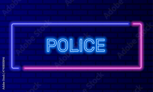 Neon sign police in speech bubble frame on brick wall background vector. Light banner on the wall background. Police office button cops and crime, design template, night neon signboard