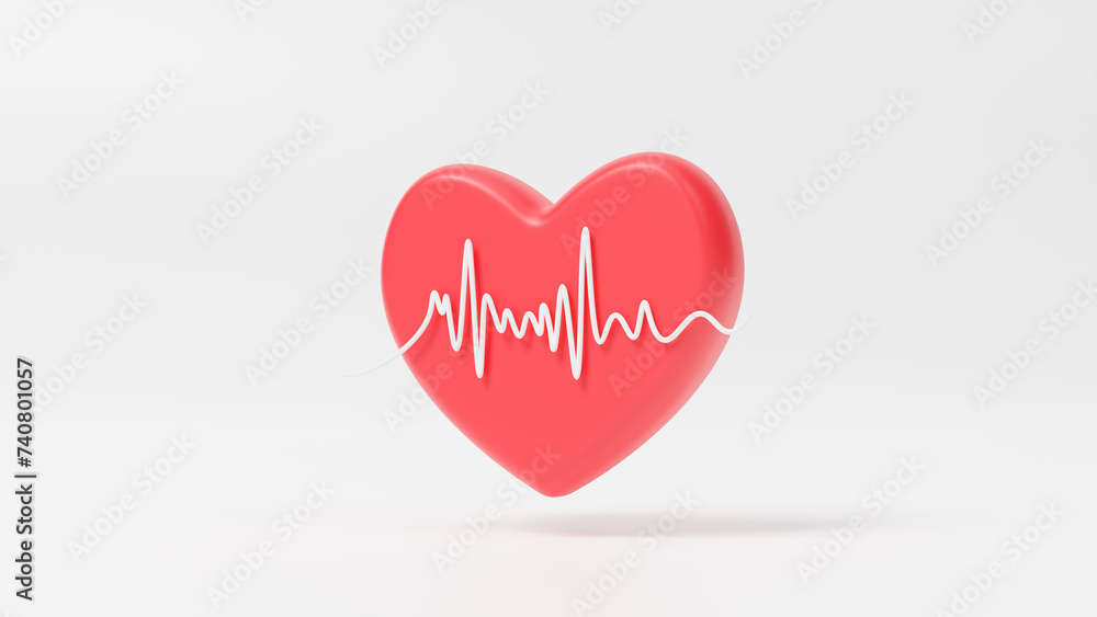 3d red heart with heartbeat or cardiogram for healthy lifestyle, pulse beat measure, cardiac assistance, medical healthcare concept. World heart day, world health day. Health welfare. 3d rendering